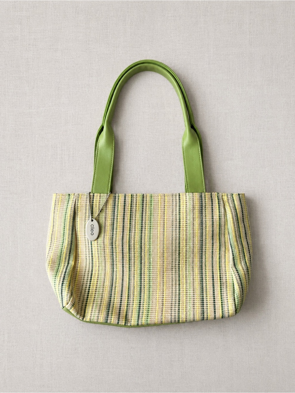 cleo Green and Yellow Striped Tote with Lime Leather Handles - Picture 2 of 3